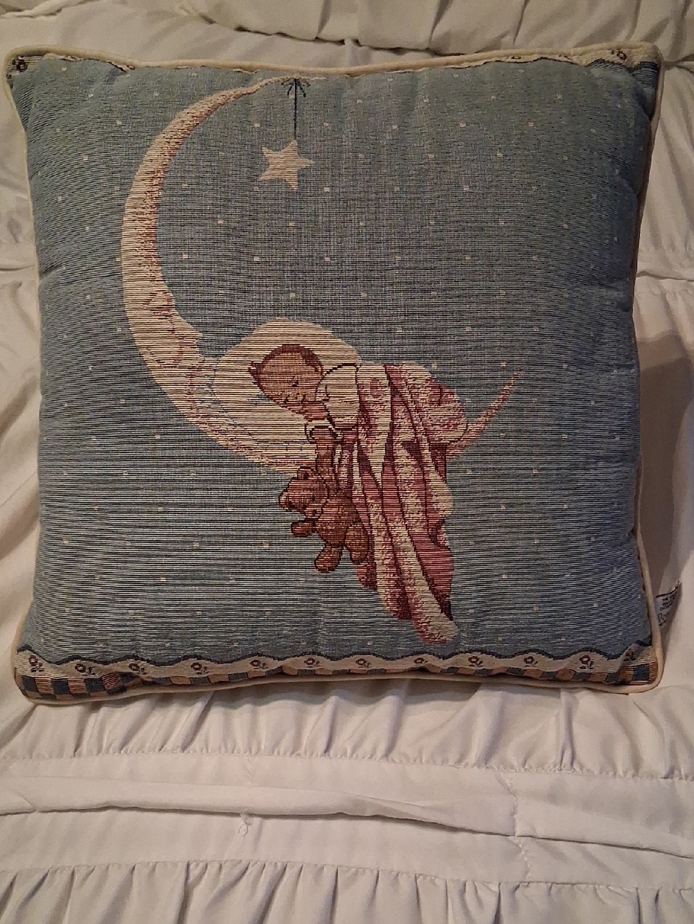 Vintage Tapestry Moon Baby Pillow in Blue with Cream & Pink Accents